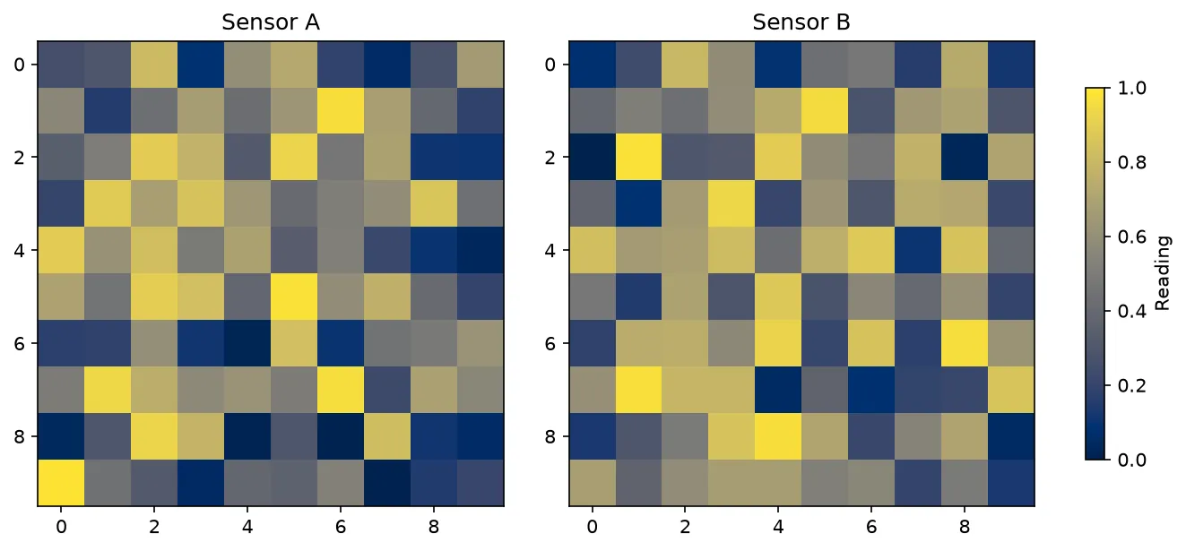 The chart this code draws: One scale, two panels, a single shared colorbar