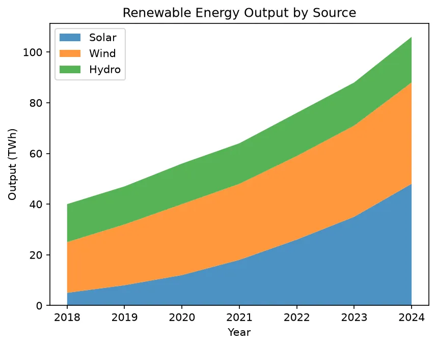 The chart this code draws: Layer three energy sources with a legend