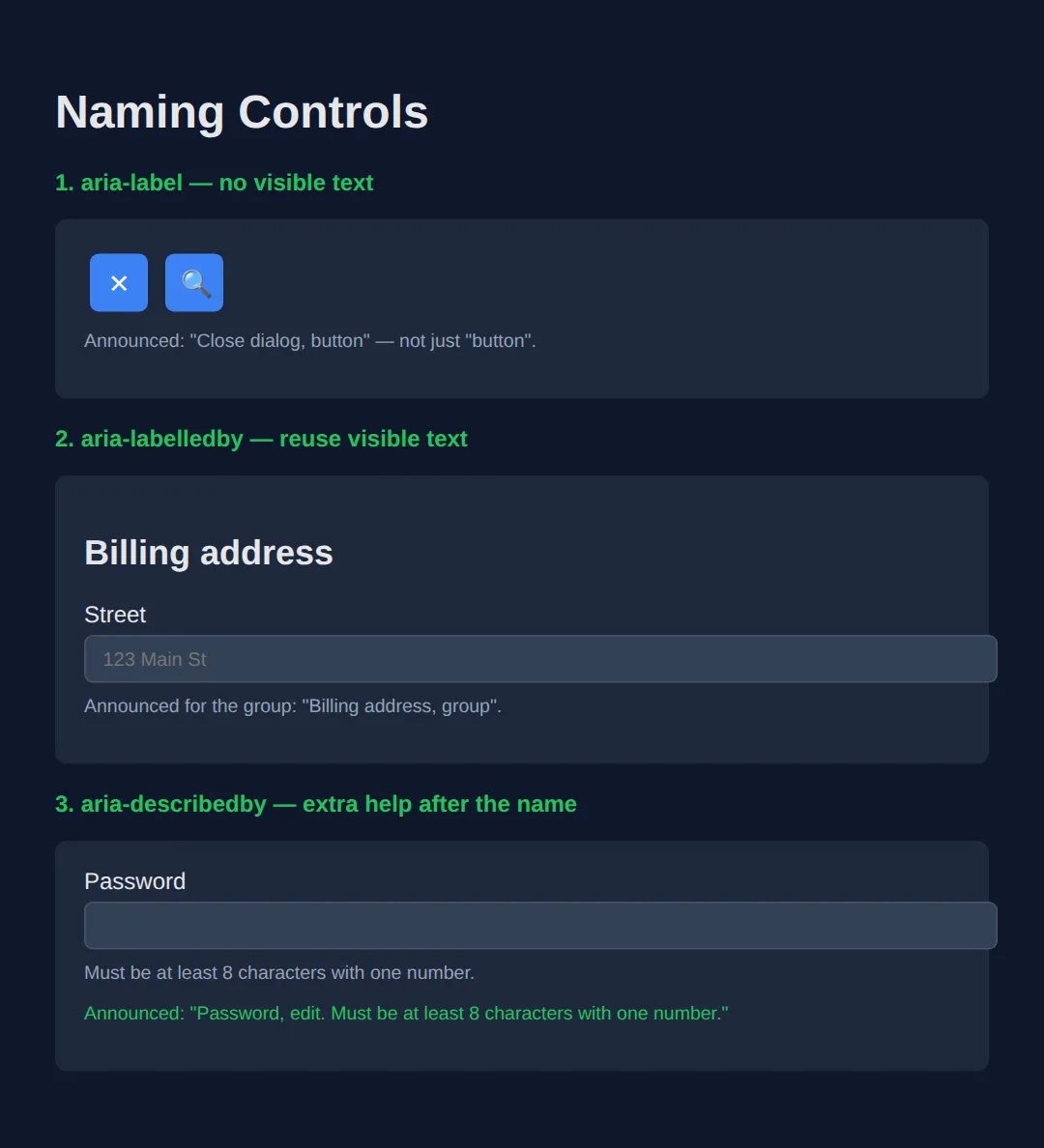 The page this code makes: Give every control a clear accessible name