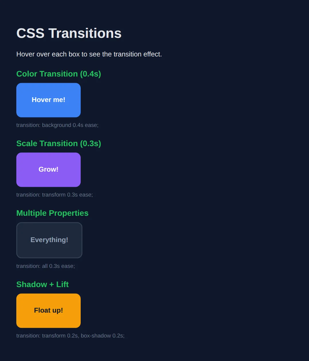 The page this code makes: Hover over elements to see smooth transitions