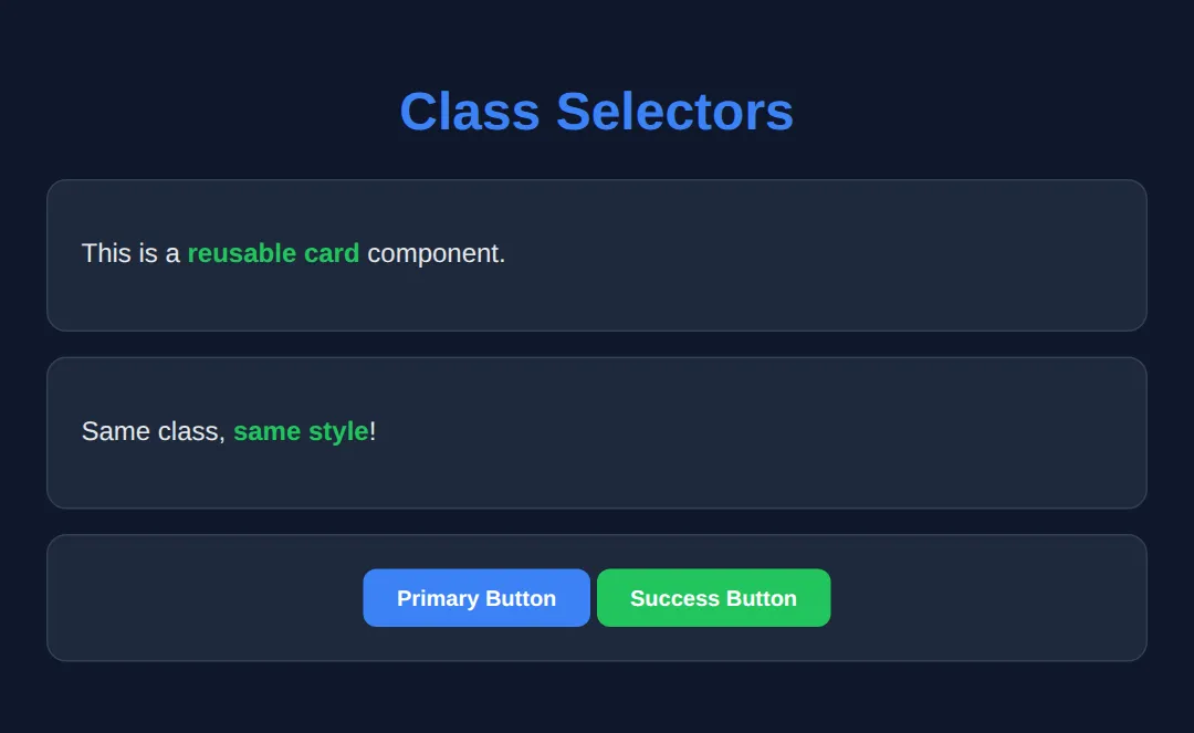 The page this code makes: Create reusable styles with classes