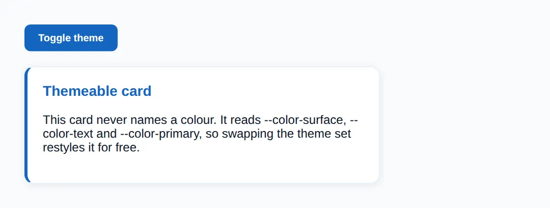 The page this code makes: A semantic token layer over primitives, switched at runtime