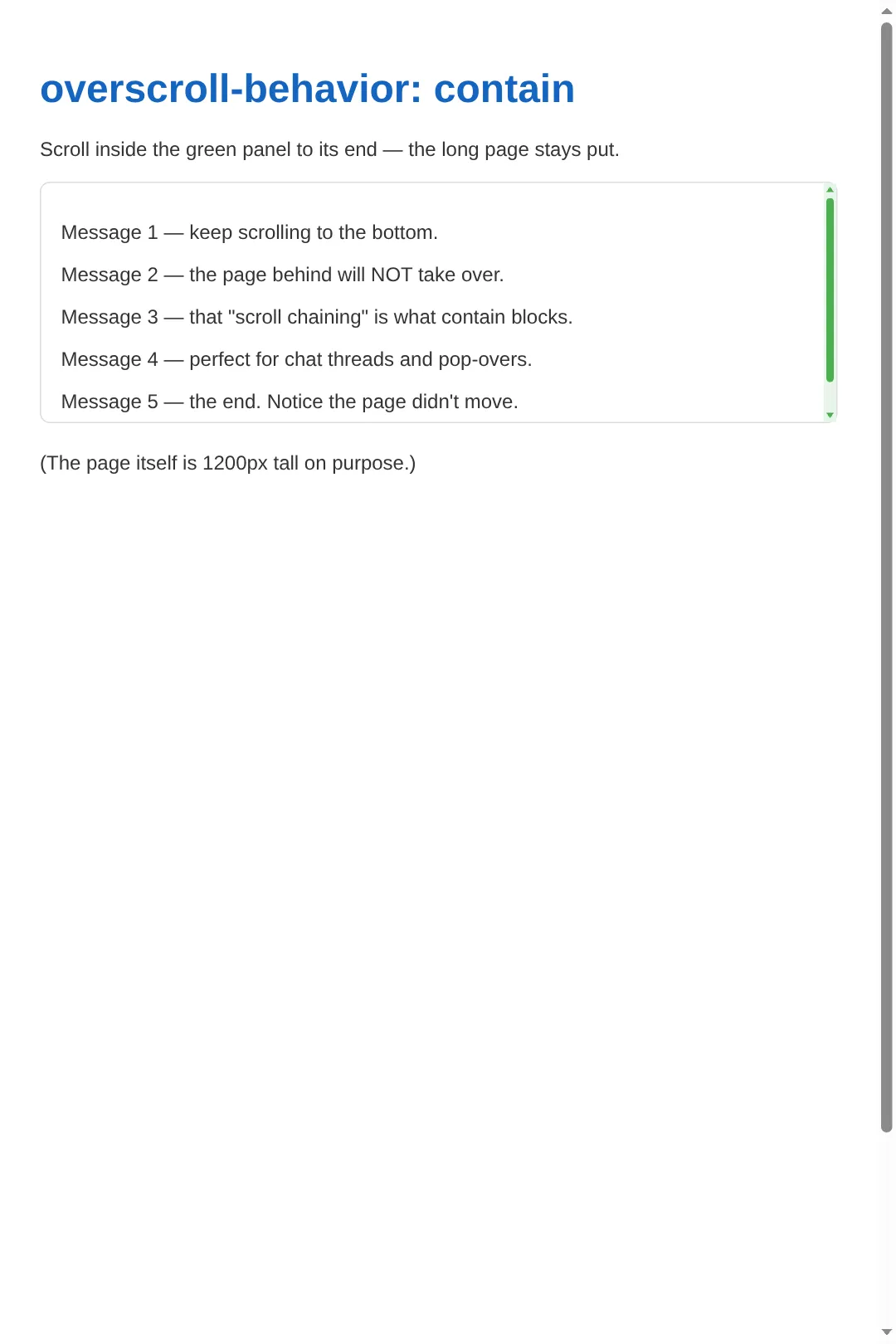 The page this code makes: overscroll-behavior: contain