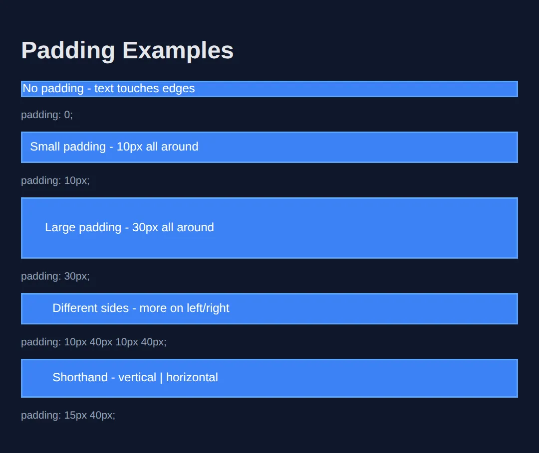 The page this code makes: Different ways to apply padding