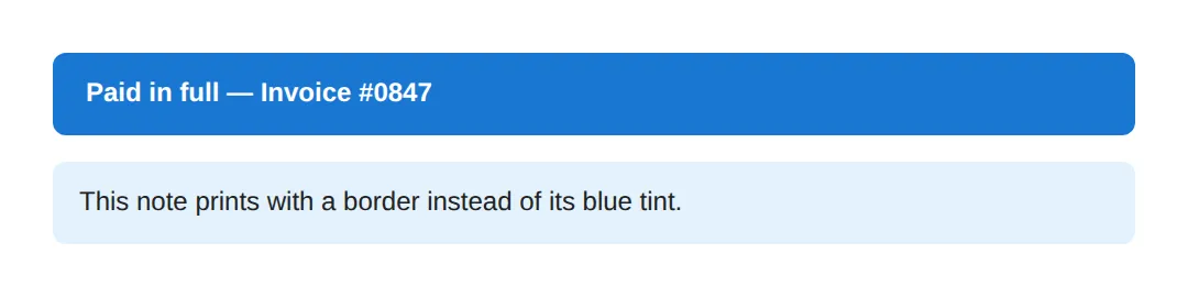 The page this code makes: print-color-adjust: exact forces the header colour onto paper