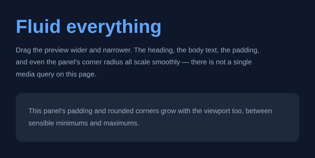 The page this code makes: Fluid type and spacing, no media queries
