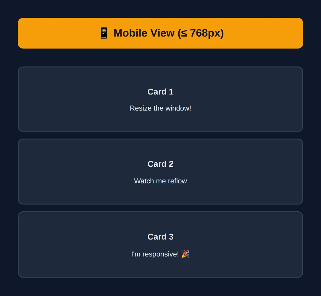 The page this code makes: Resize the preview to see styles change at different breakpoints