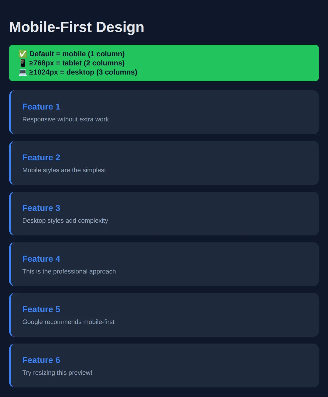 The page this code makes: Start with mobile styles, enhance for larger screens