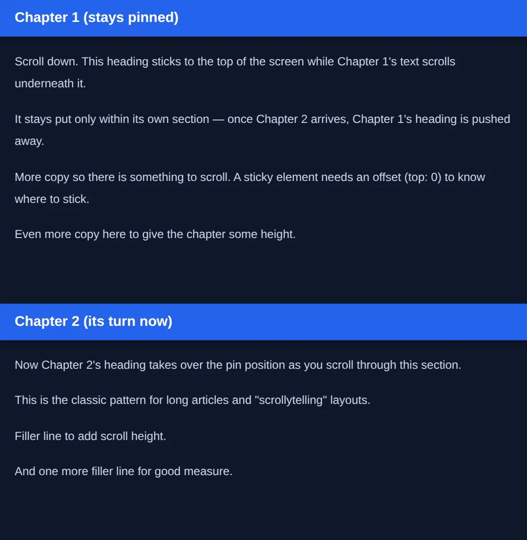 The page this code makes: Headings pin to the top while their section scrolls past